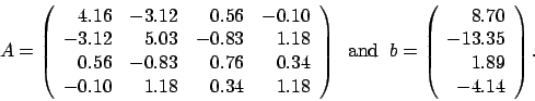 \begin{displaymath}
A = \left(
\begin{array}{rrrr}
4.16 & -3.12 & 0.56 & -0.1...
...}
8.70 \\
-13.35 \\
1.89 \\
-4.14
\end{array} \right).
\end{displaymath}