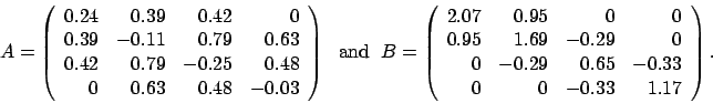 \begin{displaymath}
A = \left(
\begin{array}{rrrr}
0.24 & 0.39 & 0.42 & 0 ...
...& 0.65 & -0.33 \\
0 & 0 & -0.33 & 1.17
\end{array} \right).
\end{displaymath}